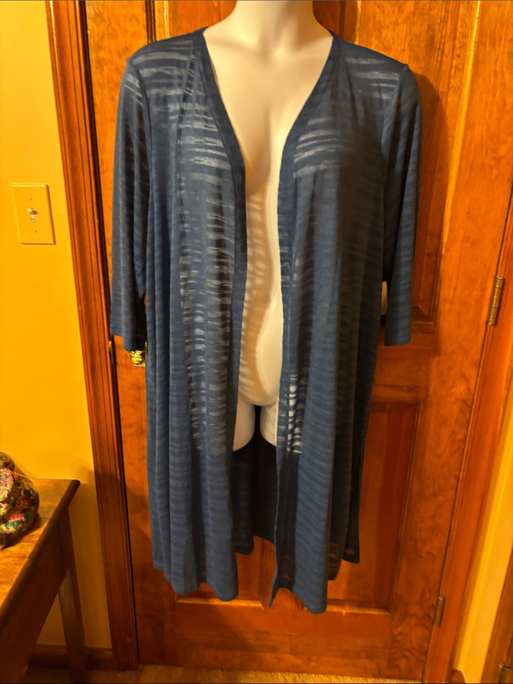 Lightweight Open-Front Long Blue Cardigan Sweater